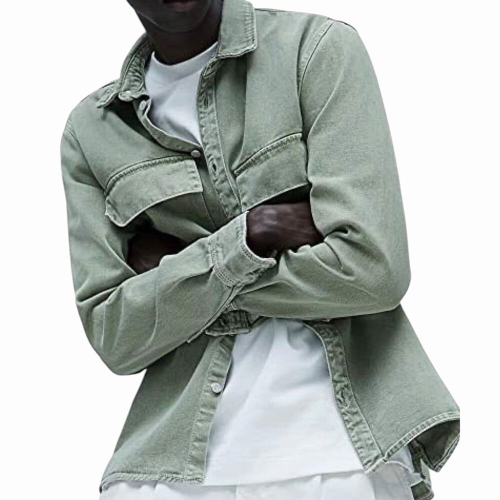Zara Men's Heavy Denim Overshirt Green Gray Button Up Utility Shirt Jacket Layer